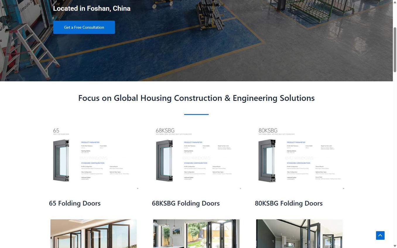 Technical cross-section drawings for 65, 68KSBG and 80KSBG folding door models showing profile dimensions, single-fan maximum dimensions, and anti-pinch features